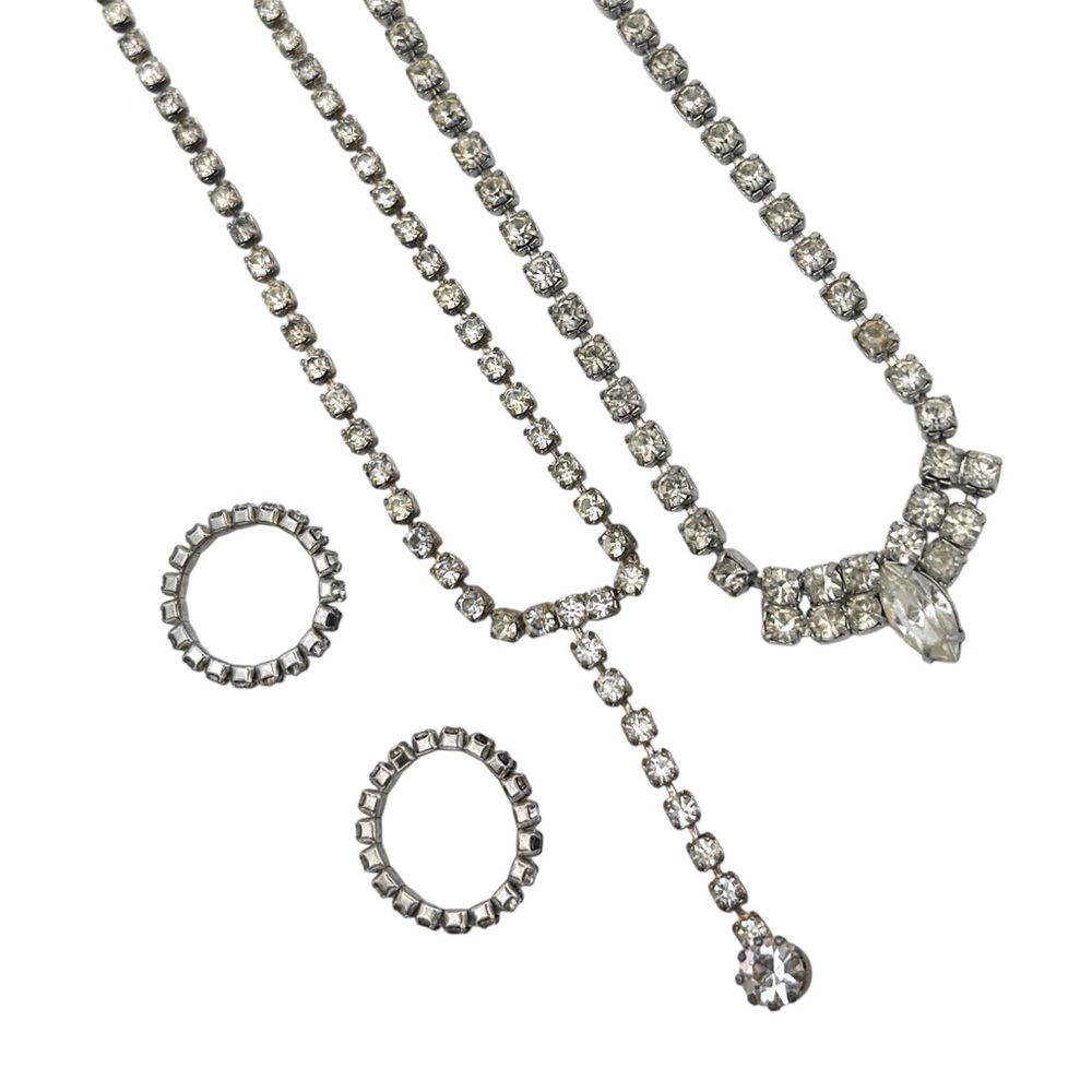 Estate Jewelry Silver Tone Clear Rhinestone Necklace and Stretch Ring Bundle VTG